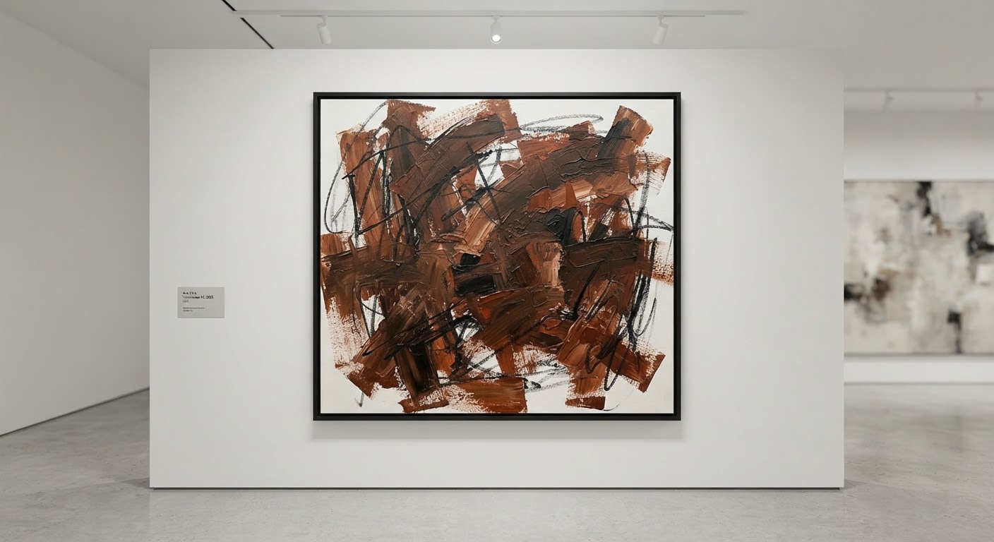 Pintura acrílica com pinceladas gestuais em marrom escuro, terra queimada e linhas de carvão.