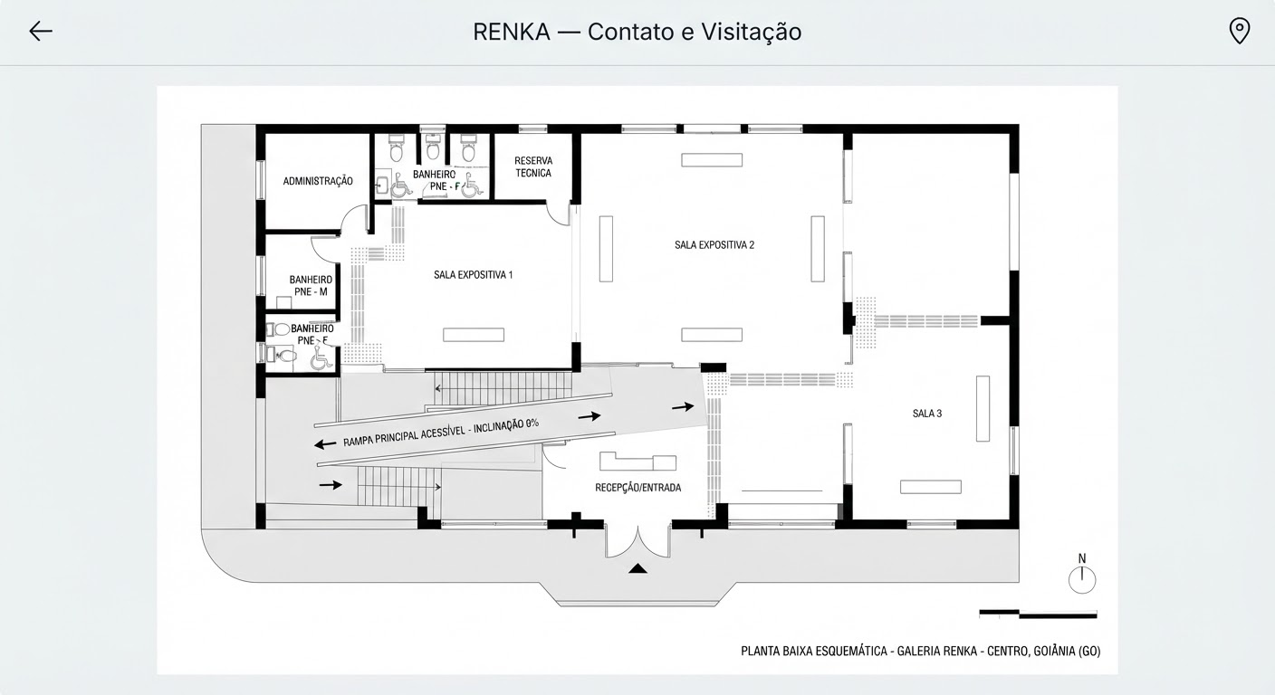 A clean, minimalist high-contrast schematic architectural plan of an art gallery inside historic Goiânia. Pure white exhibition halls, clearly demarcated ramps, tactile paths, and generous doorways are presented in a refined modern blueprint style. The visual is rendered in soft monochromatic tones with crisp black lines, reflecting museum accessibility and spatial serenity.