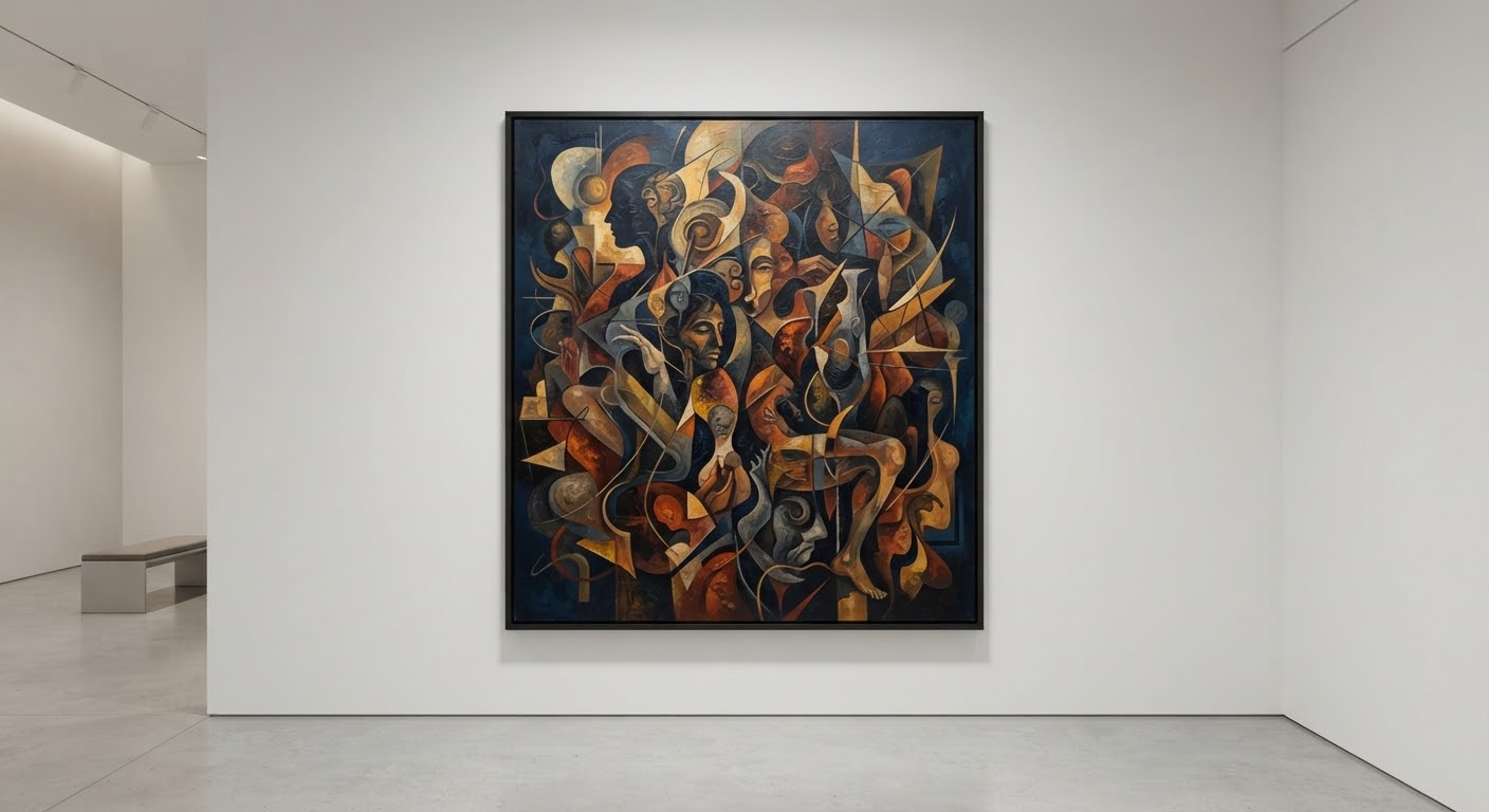Pintura a óleo com silhuetas humanas entrelaçadas a formas geométricas em azul-marinho, ocre e tons de terra.