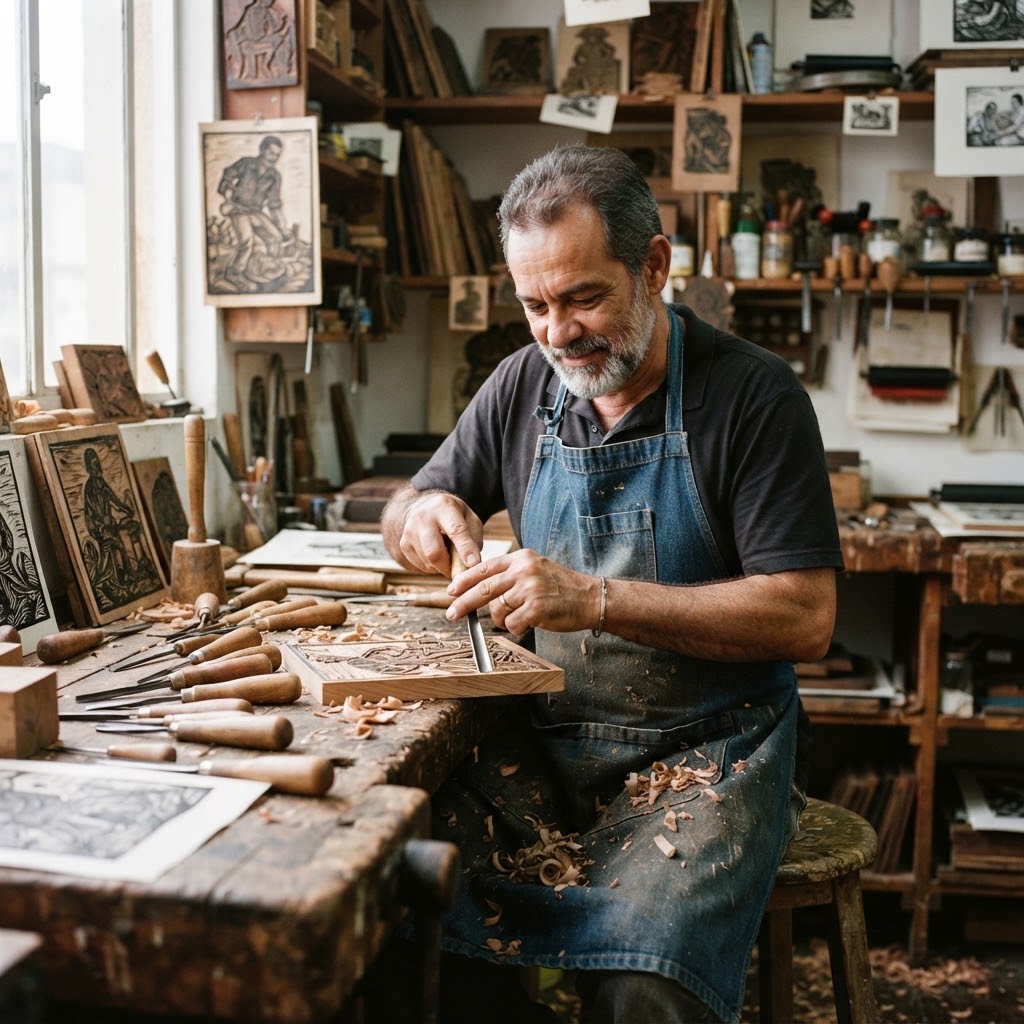 Square documentary portrait of woodcut artist Ebert Calaça in his carpentry workshop surrounded by hand gouges, cedar wood shavings, and carved matrices. Natural direct lighting, museum exhibition monograph quality.