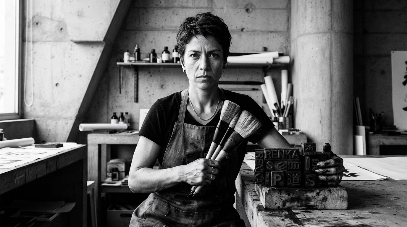 Monochrome studio portrait of artist Dojla holding wide calligraphy brushes and typographic ink stamps, looking forward with intense focus. High contrast brutalist aesthetic with clean architectural lines.
