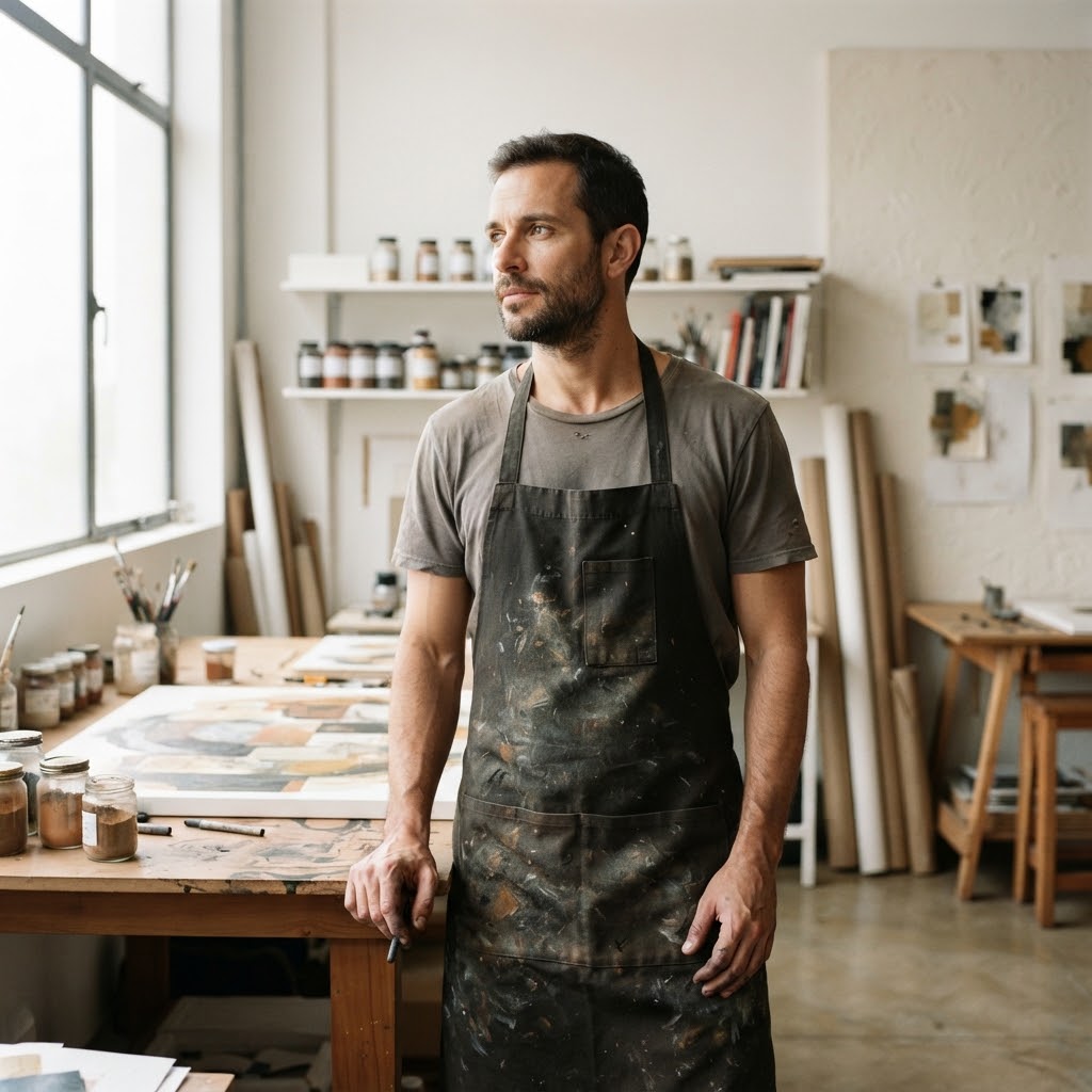 Editorial square portrait of visual artist Andre Morbeck in his studio wearing working apron with subtle earth pigment stains, looking thoughtfully towards soft studio daylight. Clean minimal composition, crisp high contrast lighting, neutral gallery color palette.