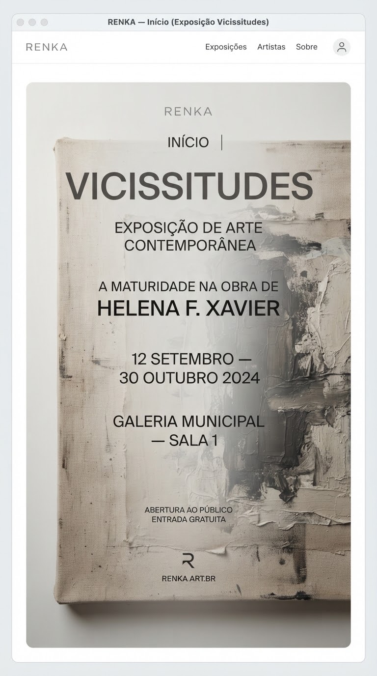 Cartaz editorial de exposição de arte contemporânea com composição visual refinada, fotografia de textura de tela rústica com sobreposição tipográfica e estética limpa de galeria. Iluminação suave de estúdio com sombras sutis em tons monocromáticos de grafite, cinza neutro e branco puro, transmitindo maturidade, sobriedade e prestígio artístico.