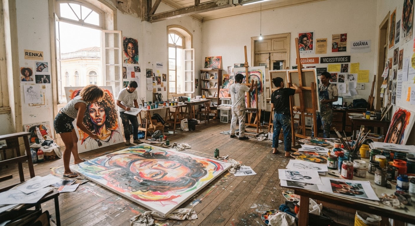 Fotografia de documentação artística do ateliê do Coletivo RENKA no centro histórico de Goiânia. Artistas trabalhando juntos em telas grandes apoiadas no chão e cavaletes de madeira. Mesas repletas de tintas, pincéis e referências visuais com luz natural vinda de janelões antigos, capturada com iluminação clara, foco detalhado e atmosfera criativa serena.