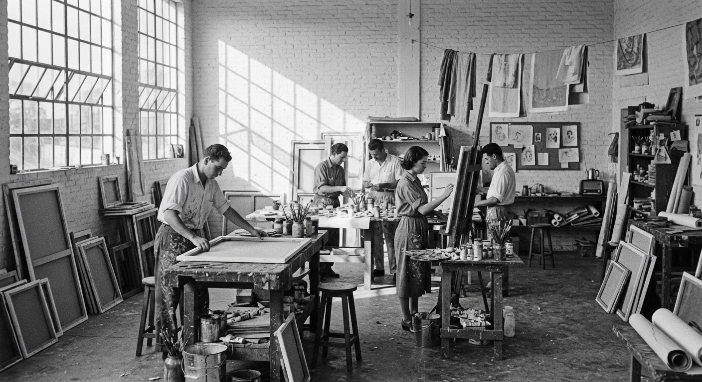 A historic archival photography of a sunlit shared artist atelier in central Goiânia filled with stretched canvasses, paint buckets, wooden workbenches, and natural light casting architectural shadows across whitewashed walls. The mood is authentic, raw, and focused on creative communal labor in a restrained monochrome art-gallery aesthetic.