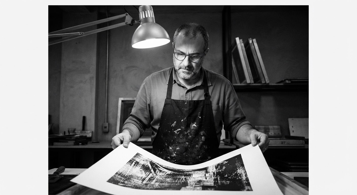 Editorial portrait of printmaker Renato Reno examining a freshly pulled screenprint under a studio inspection light, focused gaze, stark minimalist presentation adhering to strict black and white gallery values.