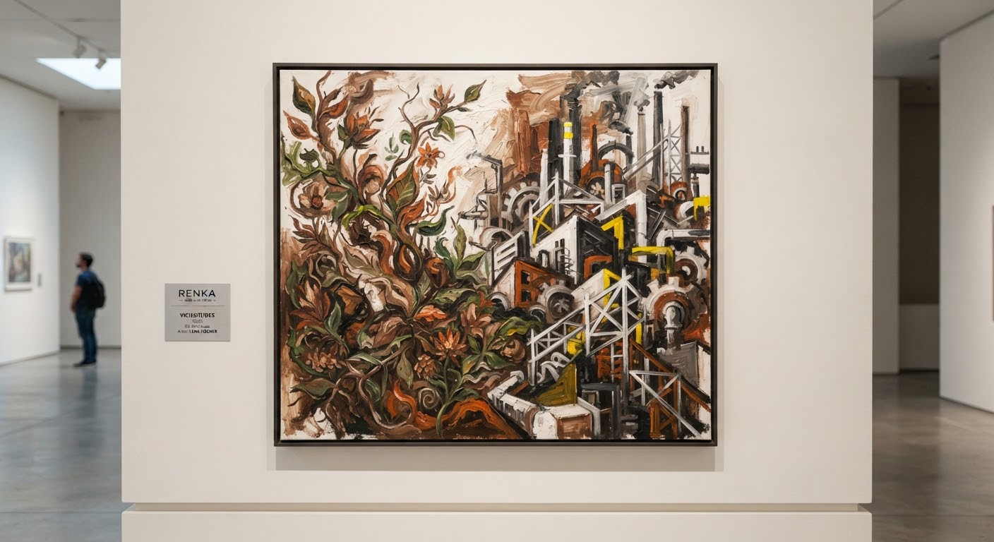 Pintura a óleo com formas de plantas que se transformam em silhuetas de fábricas, em marrom, amarelo e branco.